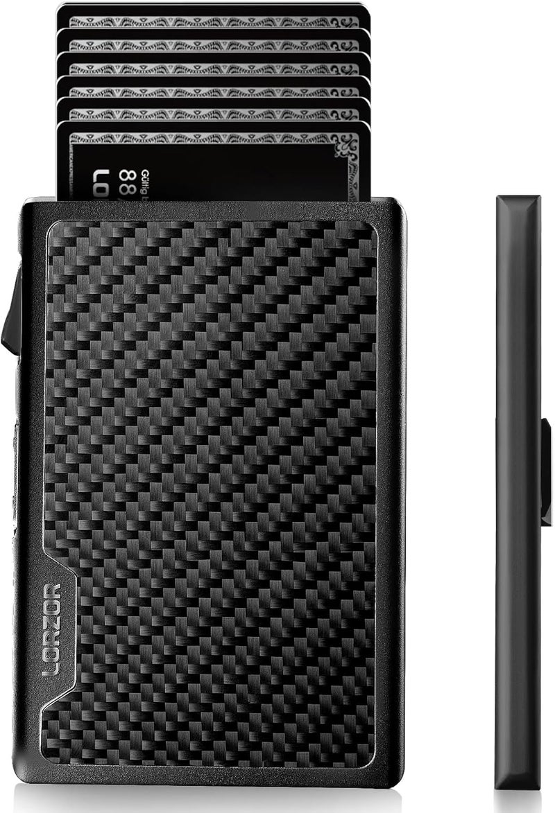 LORZOR Carbon Fiber Wallet for Men, 0.3IN Ultra-slim Minimalist Card Holder with Money Clip, Trigger Button for Quick Card Access, Ultra-light Aerospace Aluminum, RFID-Blocking, Gift Box - Image 1